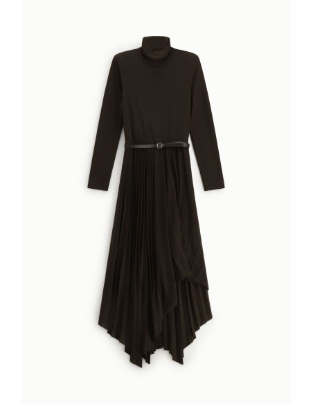Vestido longo com gola alta e saia plissada assimétrica Dixie