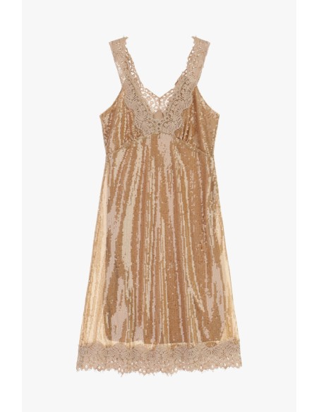Vestido Curto com Lantejoulas e Bordas em Renda Dixie