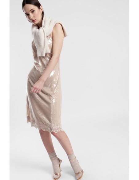 Vestido Curto Com Lantejoulas E Bordas Em Renda Dixie