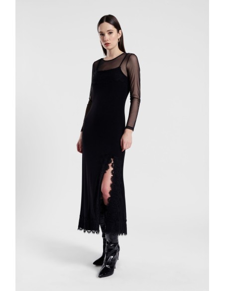 Vestido longo com inserções em renda e mangas veladas Dixie