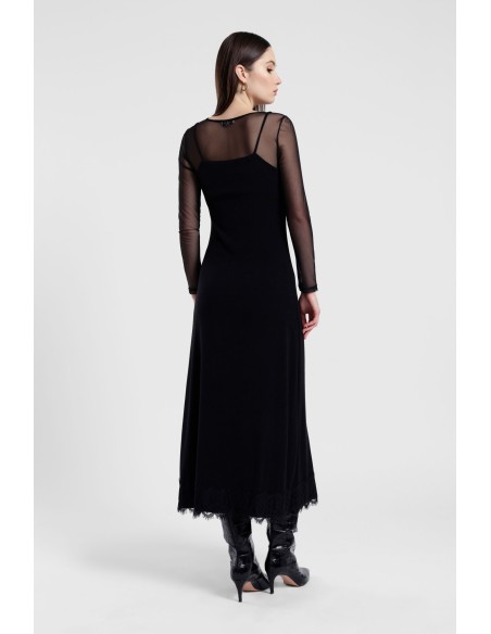 Vestido Longo com Inserções em Renda e Mangas Veladas Dixie