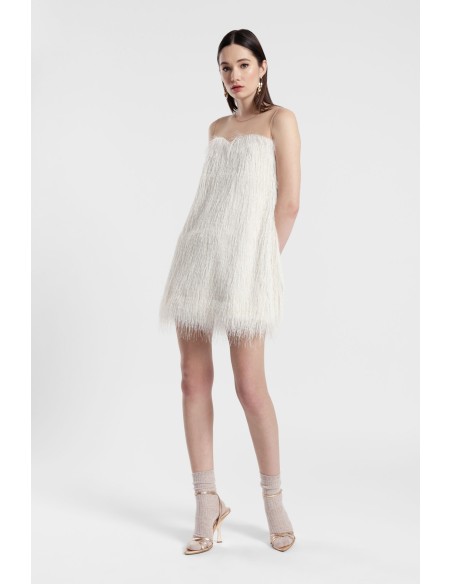 Vestido Curto com Inserção Transparente e Franjas Dixie