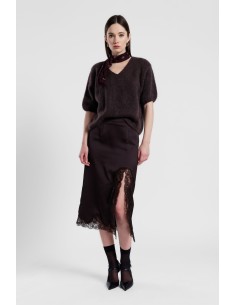 Saia midi com inserto e bordo em renda Dixie
