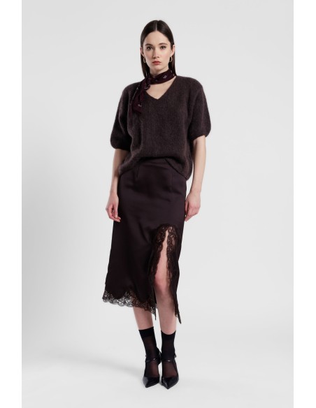 Saia midi com inserto e bordo em renda Dixie