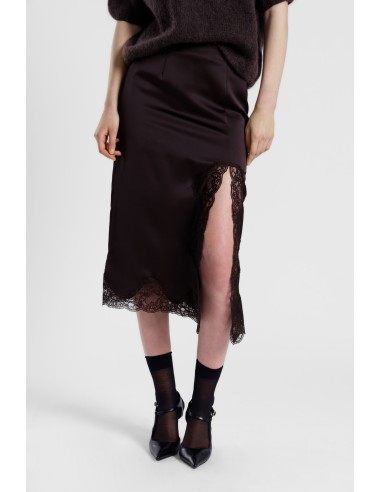 Saia midi com inserto e bordo em renda Dixie