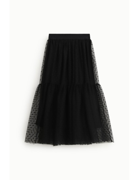 Saia midi com folhos e uma camada em tule plumetis Dixie