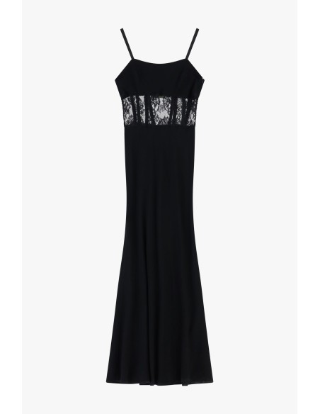 Vestido Longo com Inserções em Renda e Alças Finas Dixie