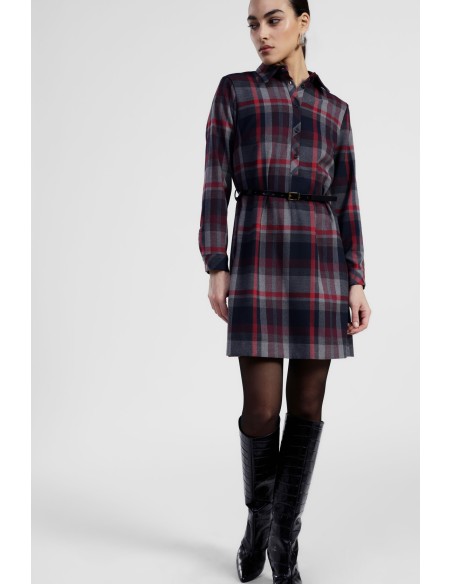 Vestido Curto Xadrez com Cinto e Gola Clássica Dixie