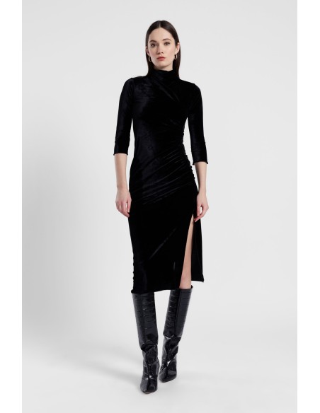 Vestido comprido com drapeado e gola alta Dixie