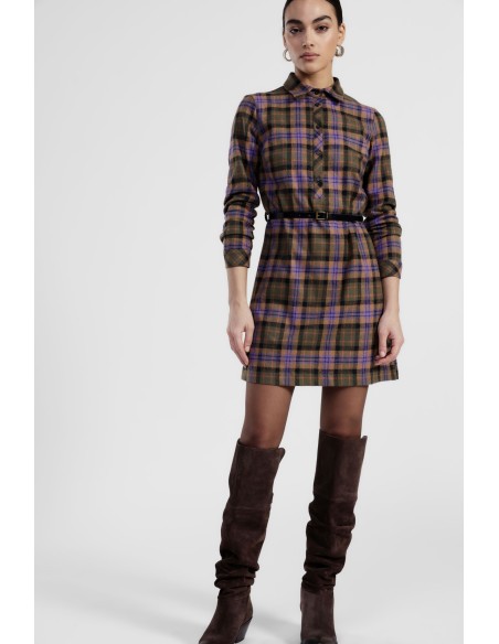 Vestido Curto Xadrez com Cinto e Mangas Compridas Dixie