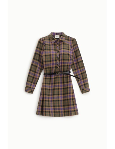 Vestido Curto Xadrez com Cinto e Mangas Compridas Dixie