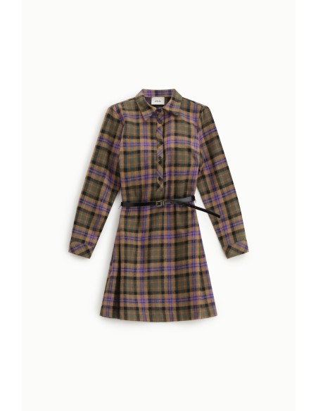 Vestido Curto Xadrez com Cinto e Mangas Compridas Dixie