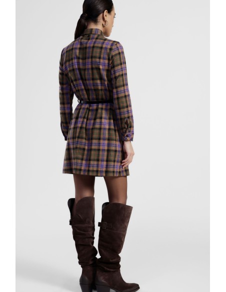 Vestido Curto Xadrez Com Cinto E Mangas Compridas Dixie