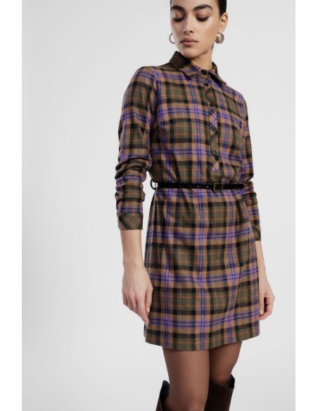 Vestido Curto Xadrez com Cinto e Mangas Compridas Dixie