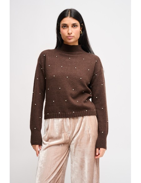 Camisola de gola alta com aplicações de joia Maryley