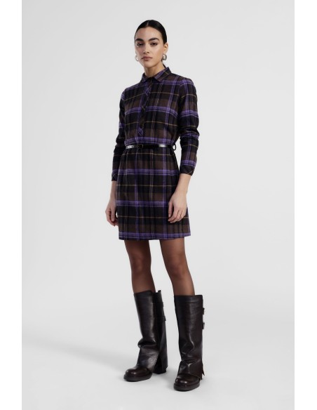 Vestido curto xadrez com cinto e gola clássica Dixie