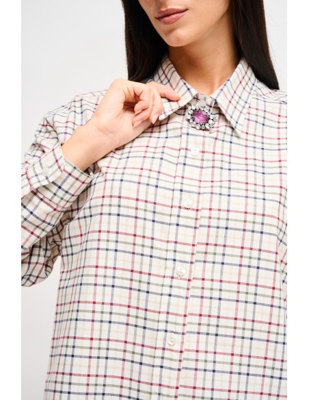 Camisa xadrez oversize com broche jóia Maryley