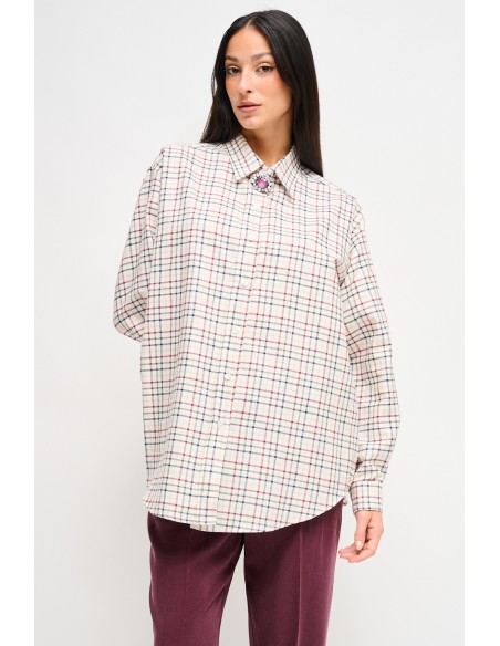 Camisa Xadrez Oversize com Broche de Joia Maryley