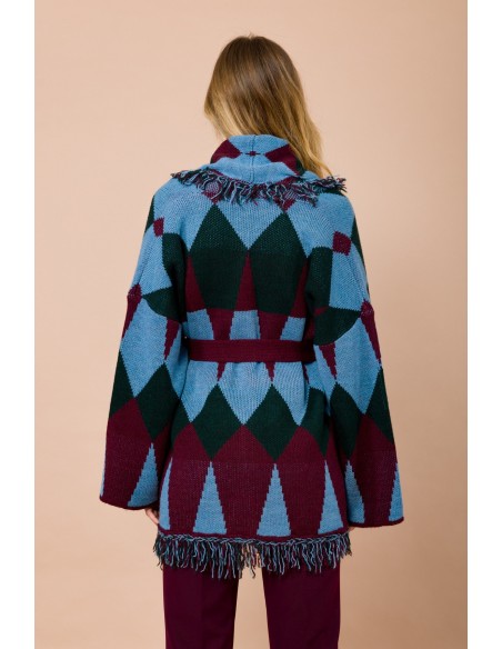 Cardigan Curto com Franjas e Faixa na Cintura Jacquard Maryley