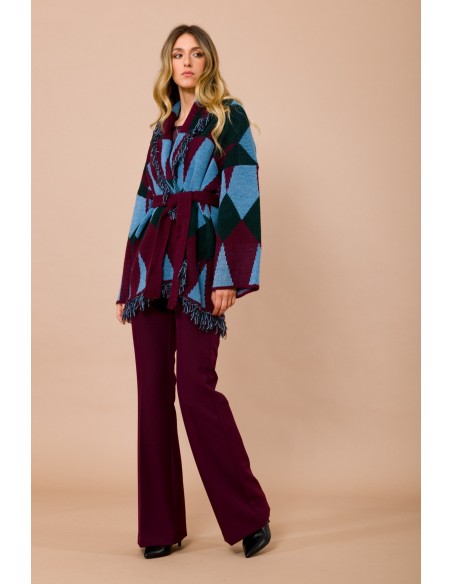 Cardigan Curto com Franjas e Faixa na Cintura Jacquard Maryley