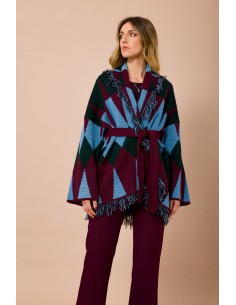 Cardigan Curto Com Franjas e Faixa na Cintura Jacquard Maryley