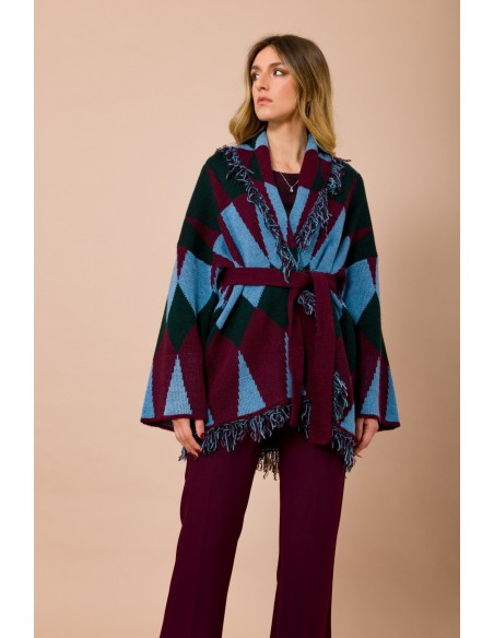 Cardigan Curto Com Franjas e Faixa na Cintura Jacquard Maryley