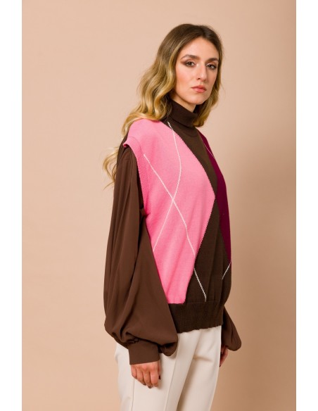 Colete Oversize Com Gola Alta E Padrão Argyle Maryley