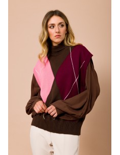 Colete Oversize Con Gola Alta e Padrão Argyle Maryley