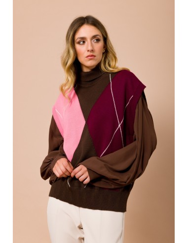 Colete Oversize Con Gola Alta e Padrão Argyle Maryley