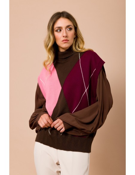 Colete Oversize Con Gola Alta e Padrão Argyle Maryley