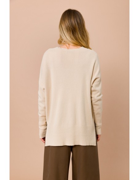 Camisola Oversize Com Decote Em V E Fendas Laterais Maryley