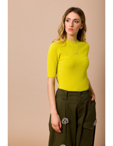 Camisola de gola redonda canelada com manga curta Maryley