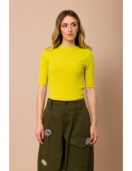 Camisola de malha canelada de gola redonda com manga curta Maryley