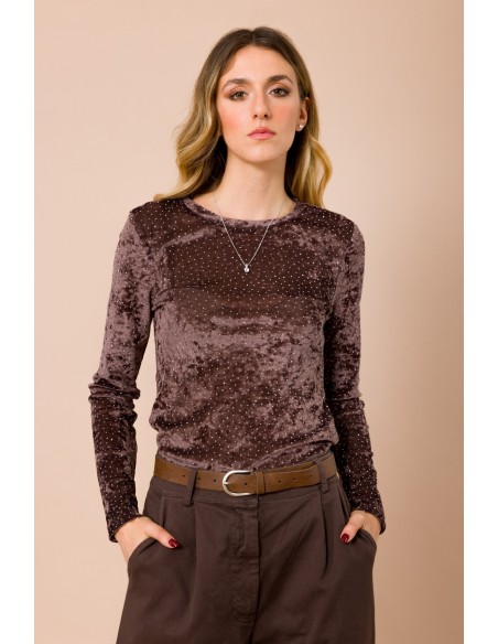 Blusa de manga comprida com gola redonda e strass por toda a peça Maryley