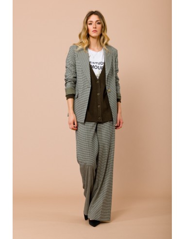 Calças palazzo pied-de-poule com elástico na parte traseira e bolsos à francesa Maryley