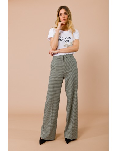 Calças palazzo pied-de-poule com elástico na parte traseira e bolsos à francesa Maryley