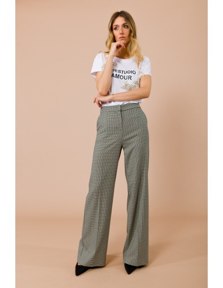 Calças palazzo pied-de-poule com elástico na parte traseira e bolsos à francesa Maryley