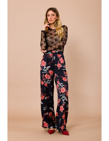 Calças retas com elástico na cintura em cetim de viscose estampado Maryley