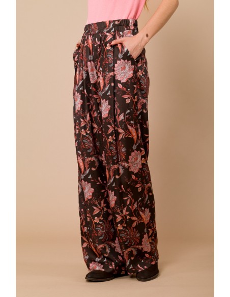 Calça Palazzo Com Elástico Na Cintura Em Cetim De Viscose Estampado Maryley