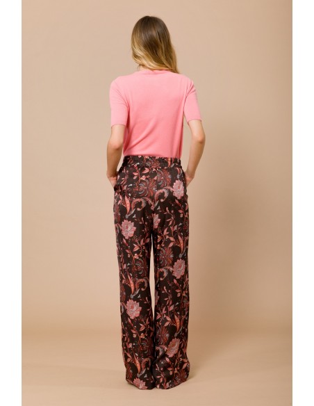 Calças Palazzo com Elástico na Cintura em Raso de Viscose Estampado Maryley