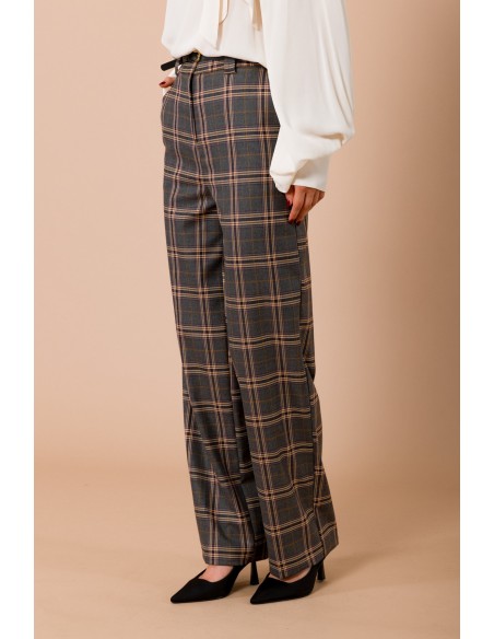 Calças Retas Xadrez Com Cinto Na Cintura Maryley