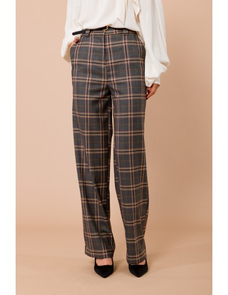 Calças Retas Xadrez com Cinto na Cintura Maryley