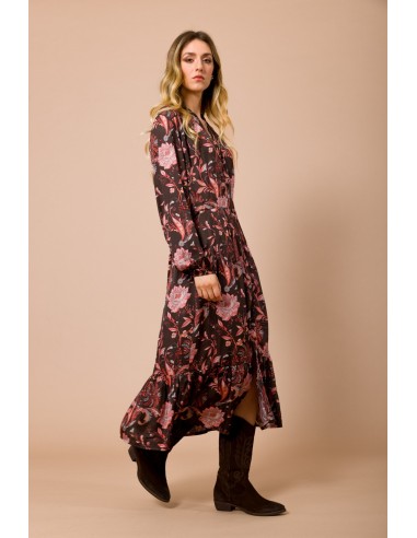 Vestido camiseiro 7/8 com folho na barra em cetim de viscose estampado Maryley