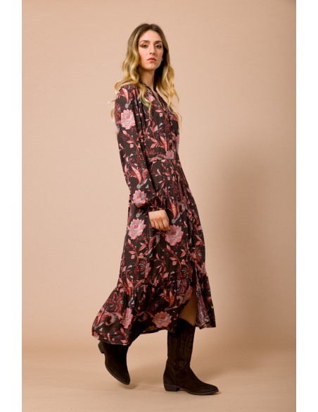 Vestido camiseiro 7/8 com folho na barra em cetim de viscose estampado Maryley