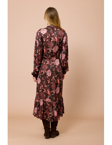 Vestido camiseiro 7/8 com volante na bainha em cetim de viscose estampado Maryley