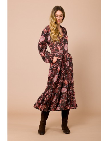 Vestido chemisier 7/8 com folho na bainha em cetim de viscose estampado Maryley