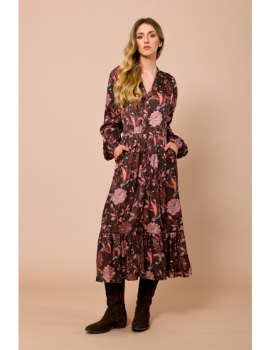 Vestido chemisier 7/8 com folho na bainha em cetim de viscose estampado Maryley