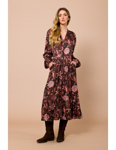 Vestido chemisier 7/8 com folho na bainha em cetim de viscose estampado Maryley