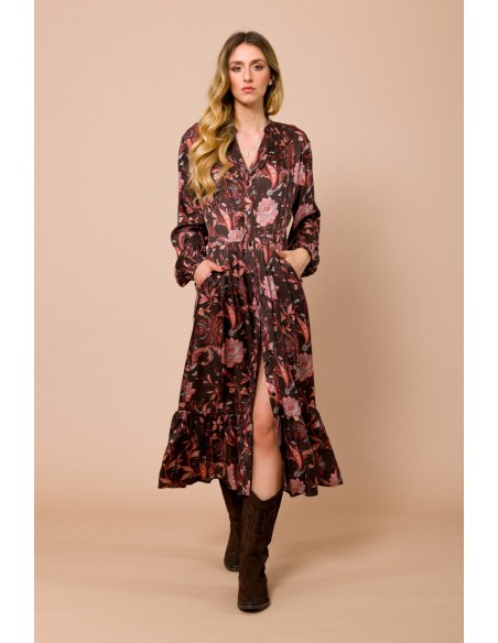 Vestido chemisier 7/8 com folho na bainha em raso de viscose estampado Maryley