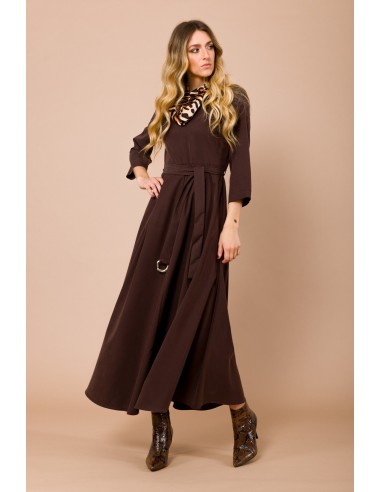 Vestido Longo com Manga 3/4. Cinto na Cintura e Lenço Combinado Maryley